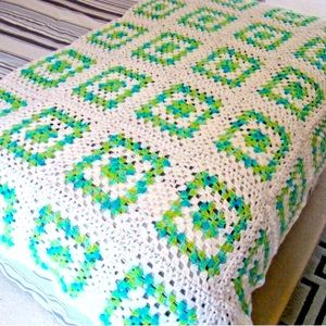 Vintage Crochet Afghan Handmade Granny Square Throw Blanket Green White Blue